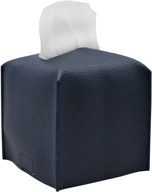 Livelab Tissue Box Cover, Square Decorative PU Leather Tissue Box Holder Modern Tissue Case Facial Paper Organizer Dispenser for Bathroom, Vanity Countertop, Night Stands, Desk 5X5X5'' | Navy Blue