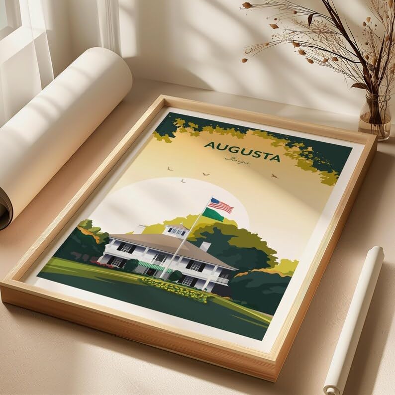 Augusta Golf Print - US Masters Clubhouse, Augusta National Golf Club Poster, Masters Golf Tournament Art, Augusta Georgia Golf Print, Vintage Golf Course Illustration (Unframed) (11x14)