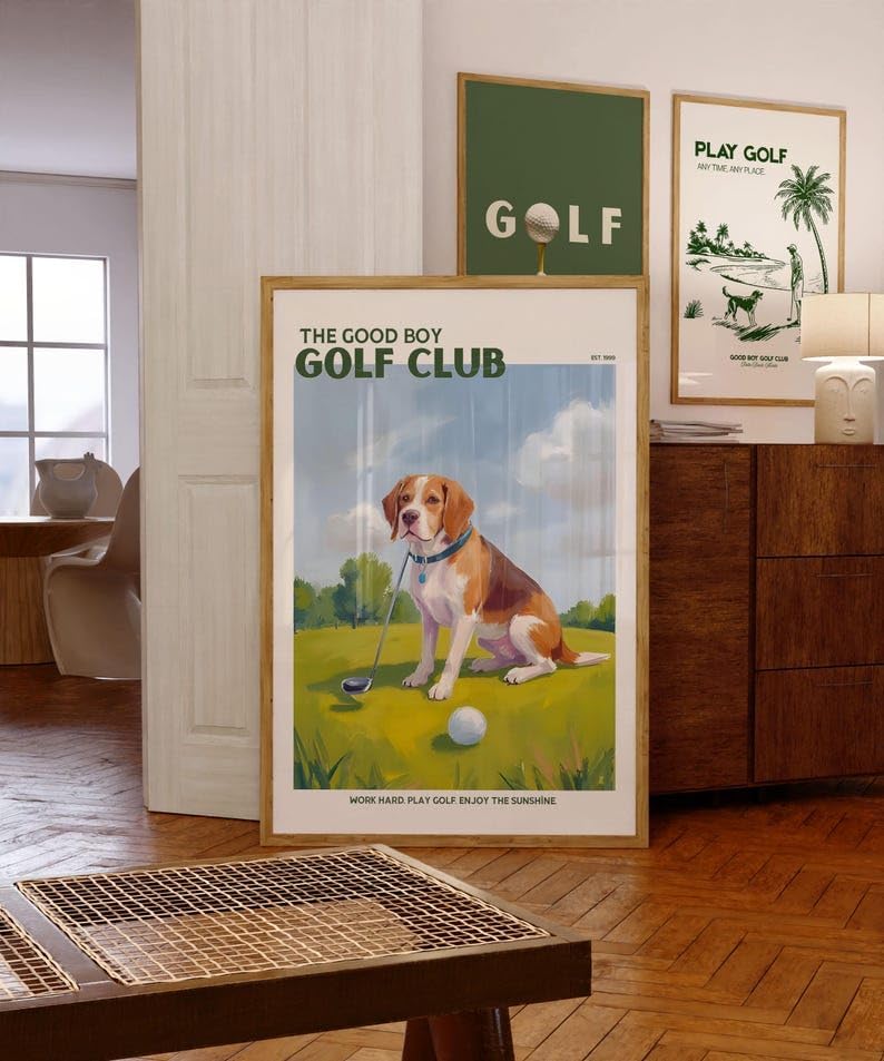 Good Boy Golf Club Poster, Beagle Dog on Golf Course Wall Art, Retro Oil Painting Style Golf Print, Funny Sports Decor, Unique Golf Course Poster for Collectors and Sports Fans (Unframed) (27x40)