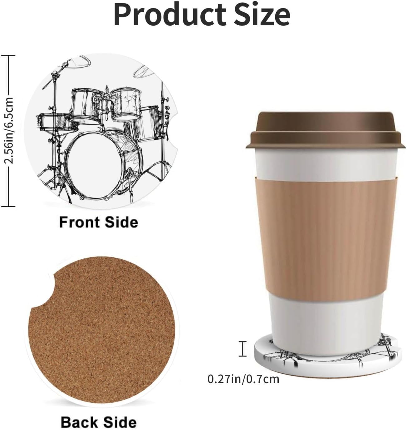 Car Cup Holder Coasters, Music Drum Rock Car Coasters for Cup Holder Drinks, 2 Pack Ceramic Cute Auto Interior Accessories for Women Men