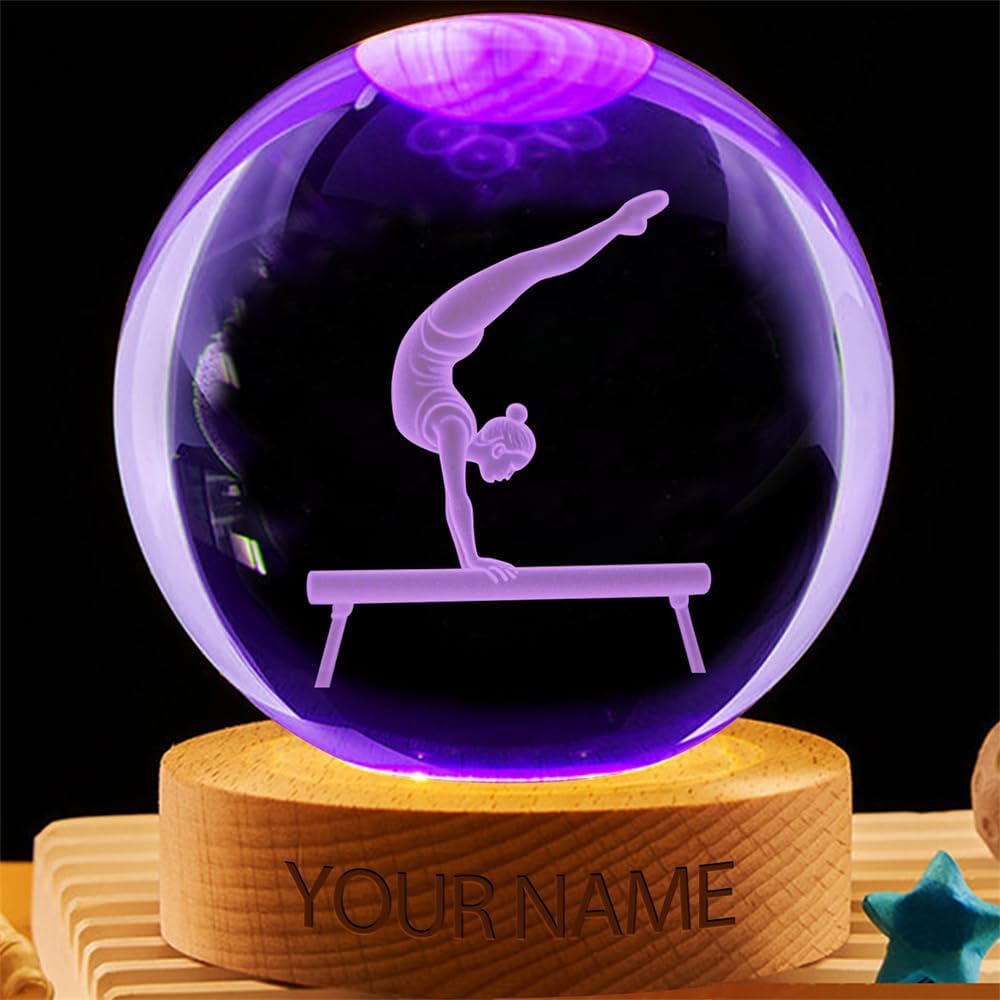 Personalized Gymnastics Crystal Night Light Gift for Women, Custom Name/Number Gymnastics Player 3D Crystal Ball Night Light Lamp for Bedroom Room Sports Decor Party Bar Christmas Birthday Gift