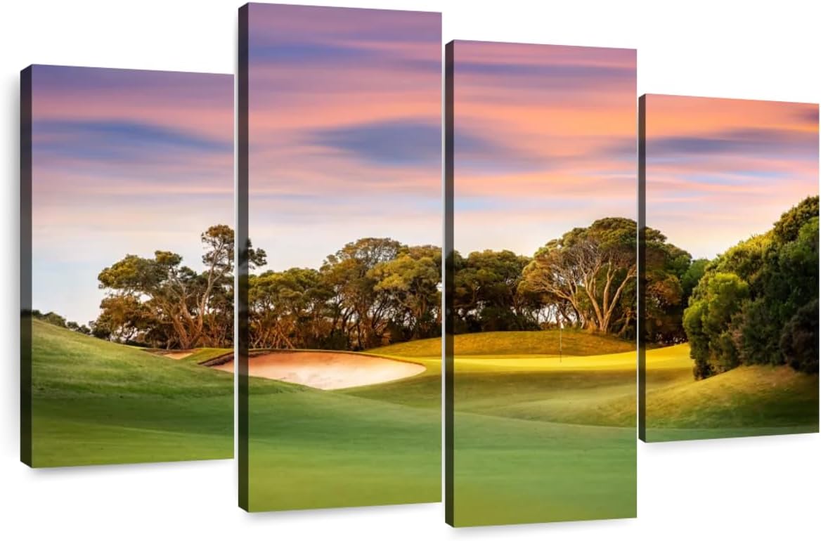 ElephantStock Golf Course Sundown Wall Art - Horizontal Canvas - 4-Piece Living Room Wall Decor - Photography Sports Canvas Print - Orange and Blue Decor for Wall - 75" X 48"