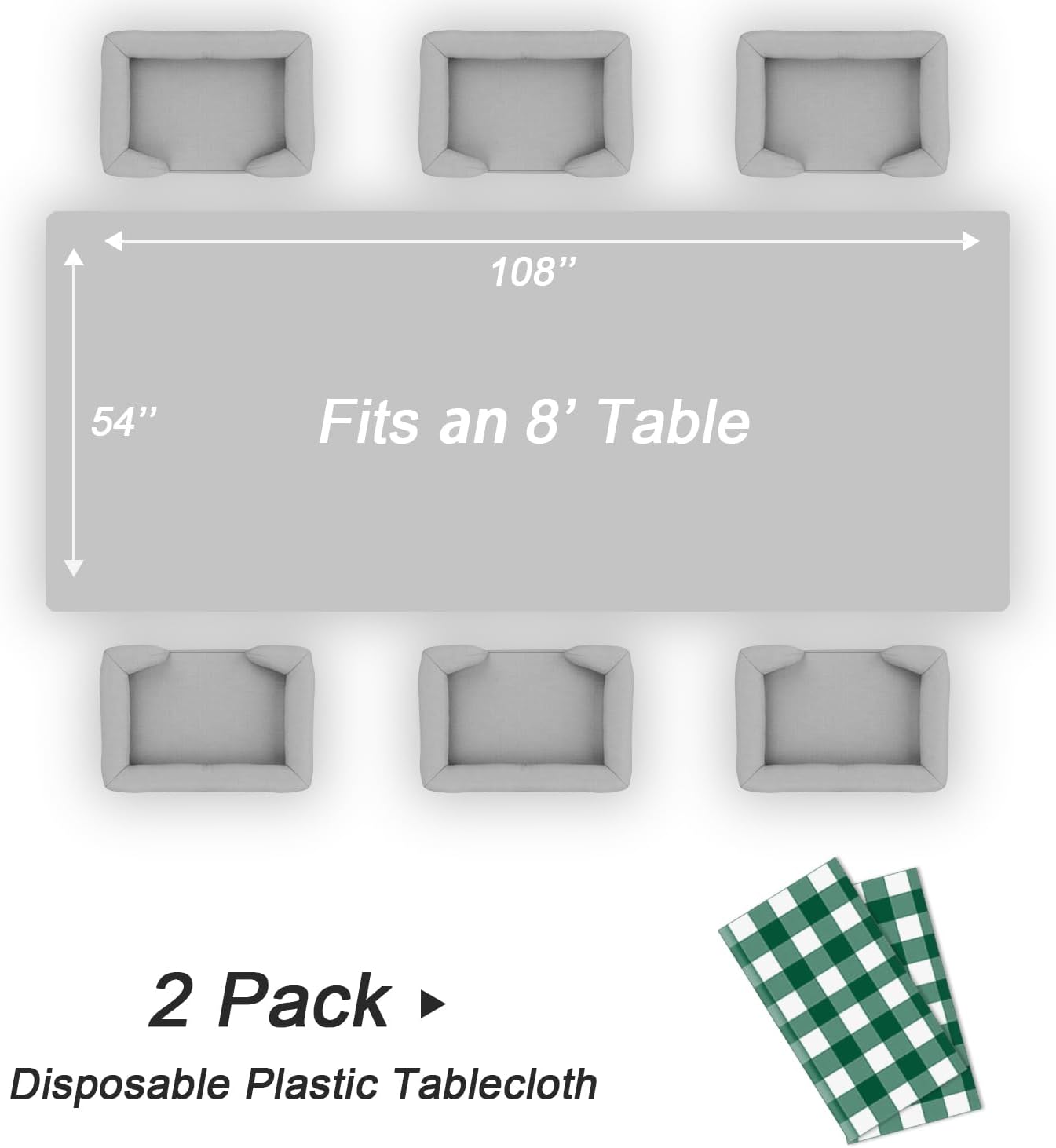 QIKSION Green Gingham Tablecloth Disposable 2 Pack, 54 x 108 Inch Green and White Checkered Table Cloth for Rectangle Tables, Plastic Table Cover