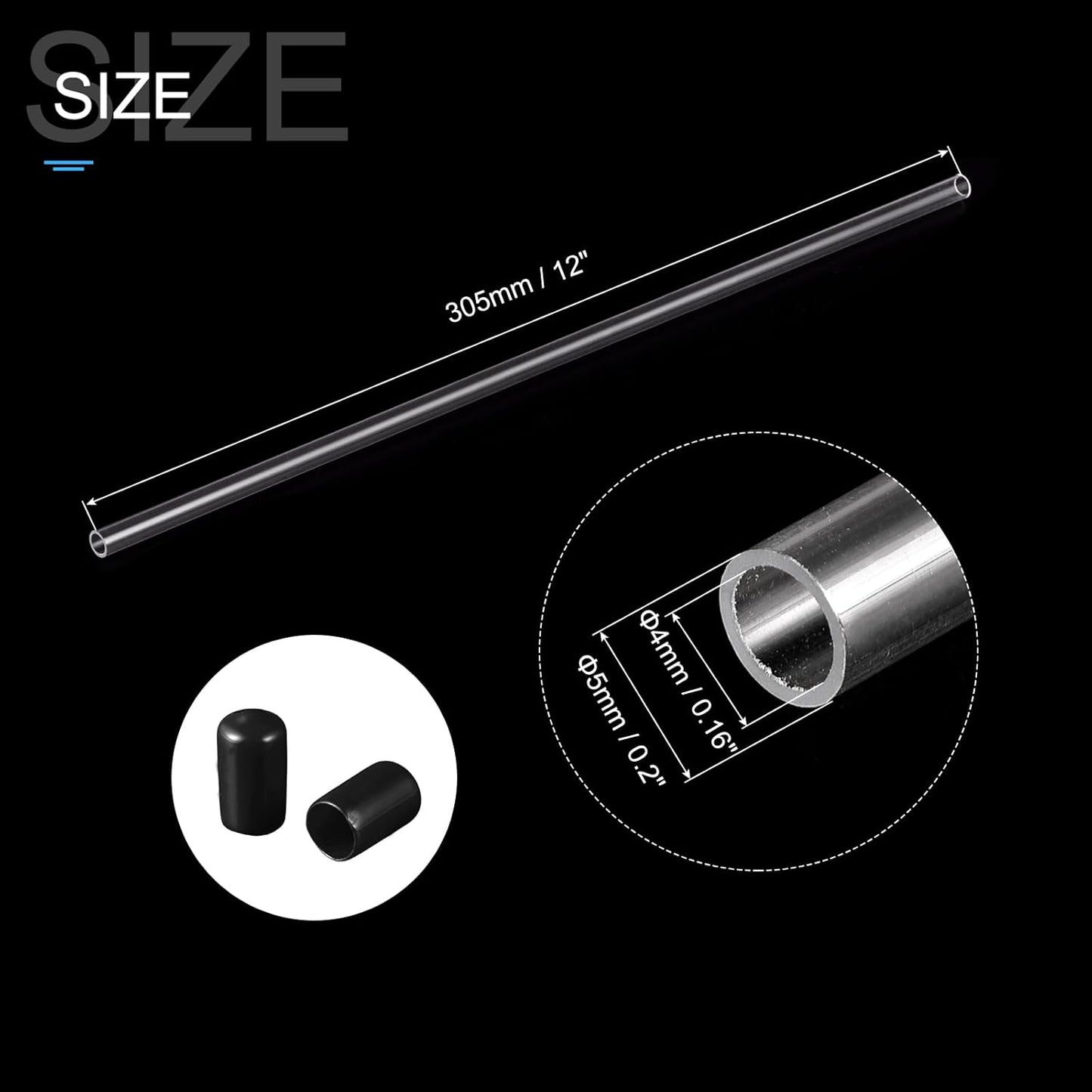PATIKIL Clear Rigid Tube Round Plastic Tubing with Black Rubber Caps Polycarbonate Water Pipe, 305mm/ 12 Inch Length, 4mmx5mm/0.16"x0.2", 2 Set
