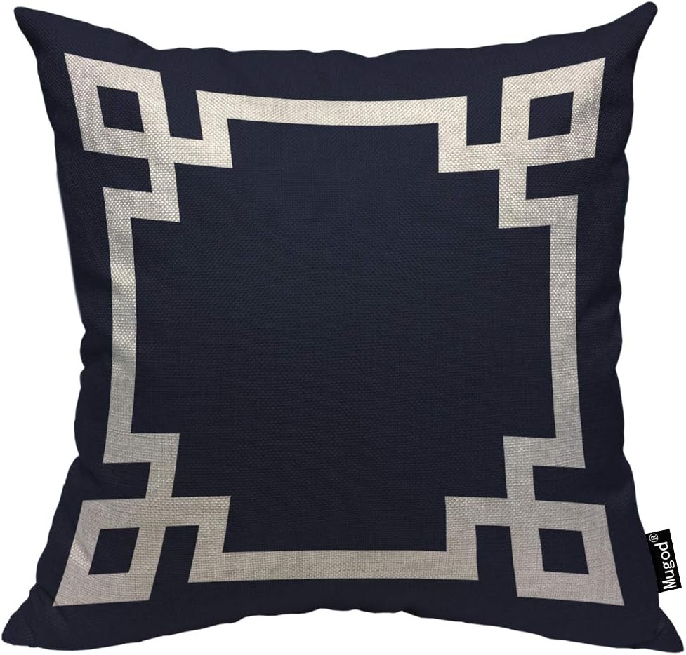 Mugod Greek Key Border Throw Pillow Meander Art Ancient Greek Fret White Navy Blue Black Cotton Linen Square Cushion Cover Standard Pillowcase 18x18 Inch for Home Decorative Bedroom/Living Room/Car