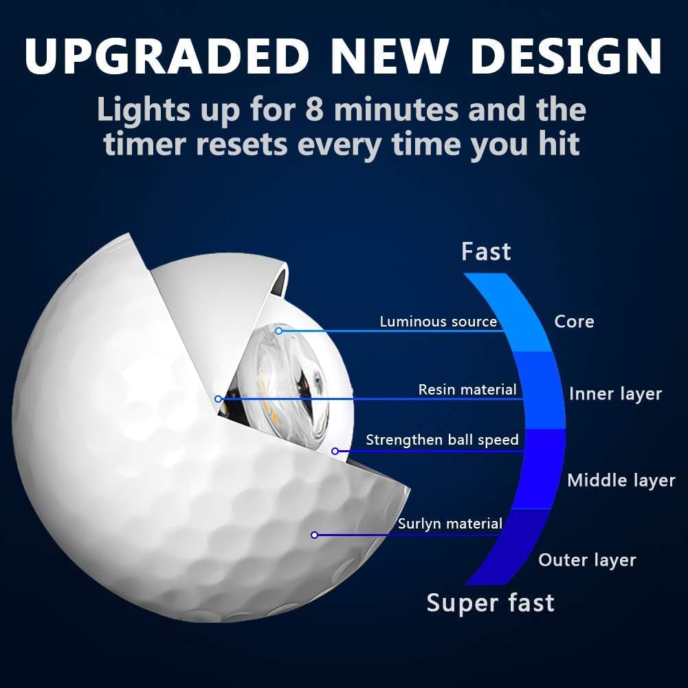 THIODOON Glow in The Dark Golf Balls - 7 Color LED, No Timer, Easy On/Off, 6 Pack