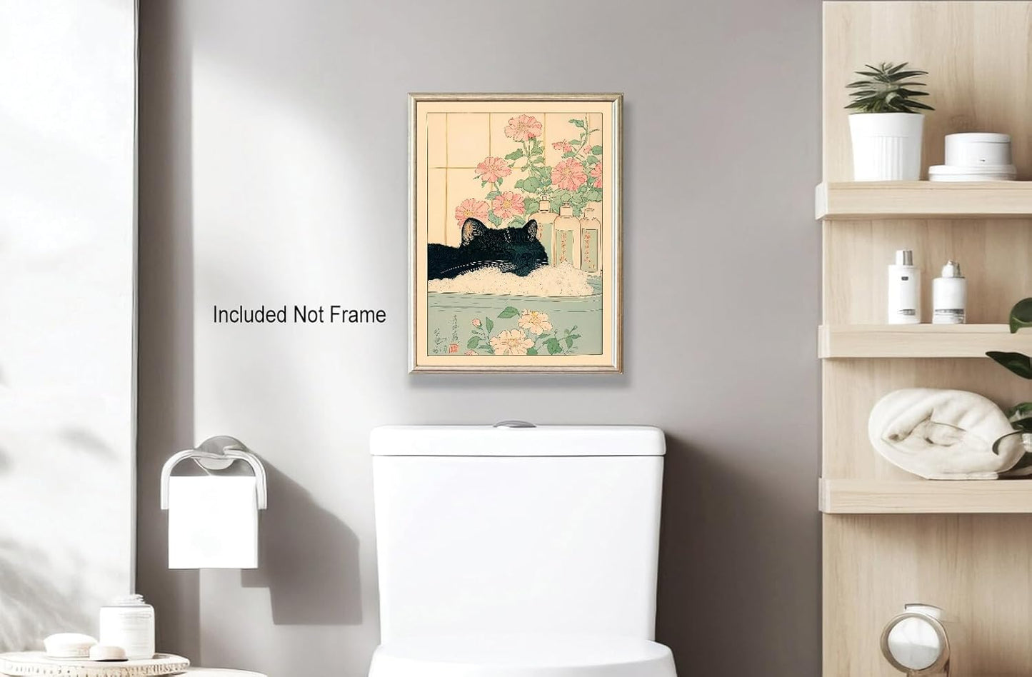 Vintage Black Cat in The Bathtub Posters Funny Bathroom Wall Art Cute Animal Lover Canvas Prints Japanese Aesthetic Neutral Minimalist Wall Decor for Restroom Toilet 12x16in Unframed
