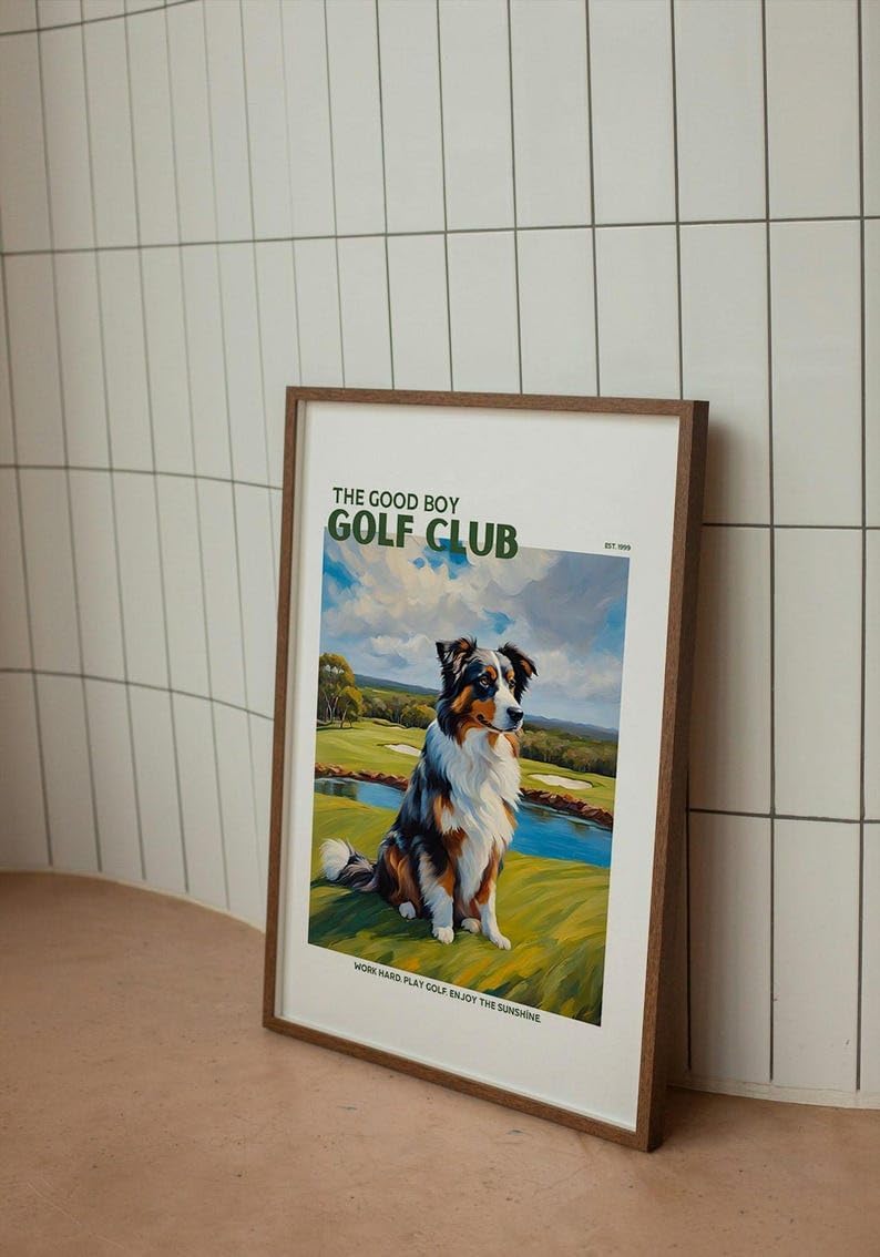 Golf Wall Art Print, Good Boy Golf Club Poster with Australian Shepherd, Colorful Impasto Painting, Trendy Sports Decor, Aussie Dog Artwork, Great Gift for Golf Enthusiasts (Unframed) (24x36)