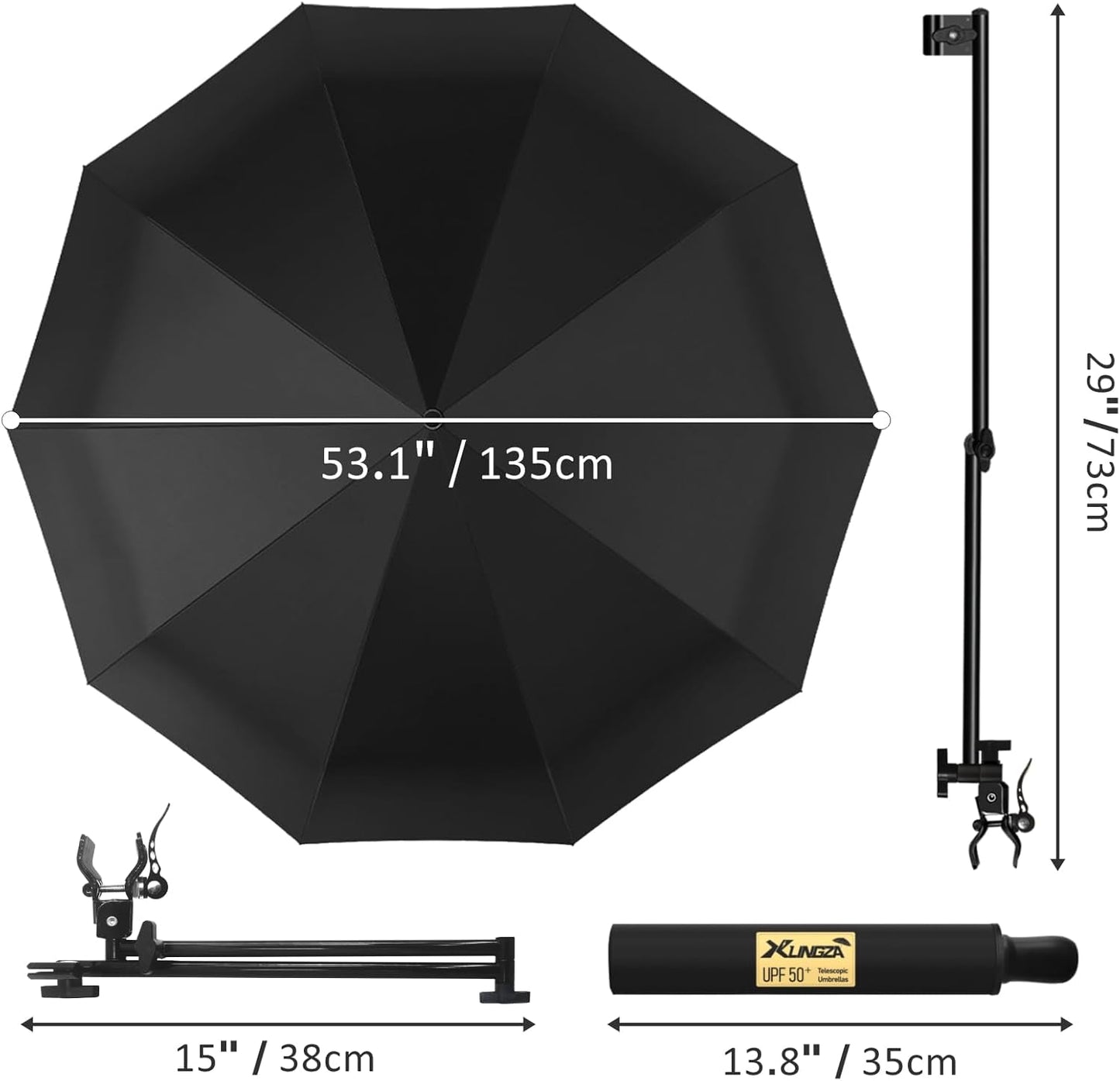 UPF 50+ Beach Umbrella with Adjustable Universal Clamp