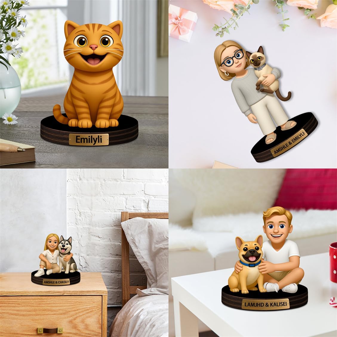 Personalized Pet Photo Cartoon Desktop Decor Custom 2D Picture Portrait Figurine Plaque with Name Cat Dog Owner Acrylic Sculpture Desk Sign Ornament for Men Women Family Couple Christmas Birthday