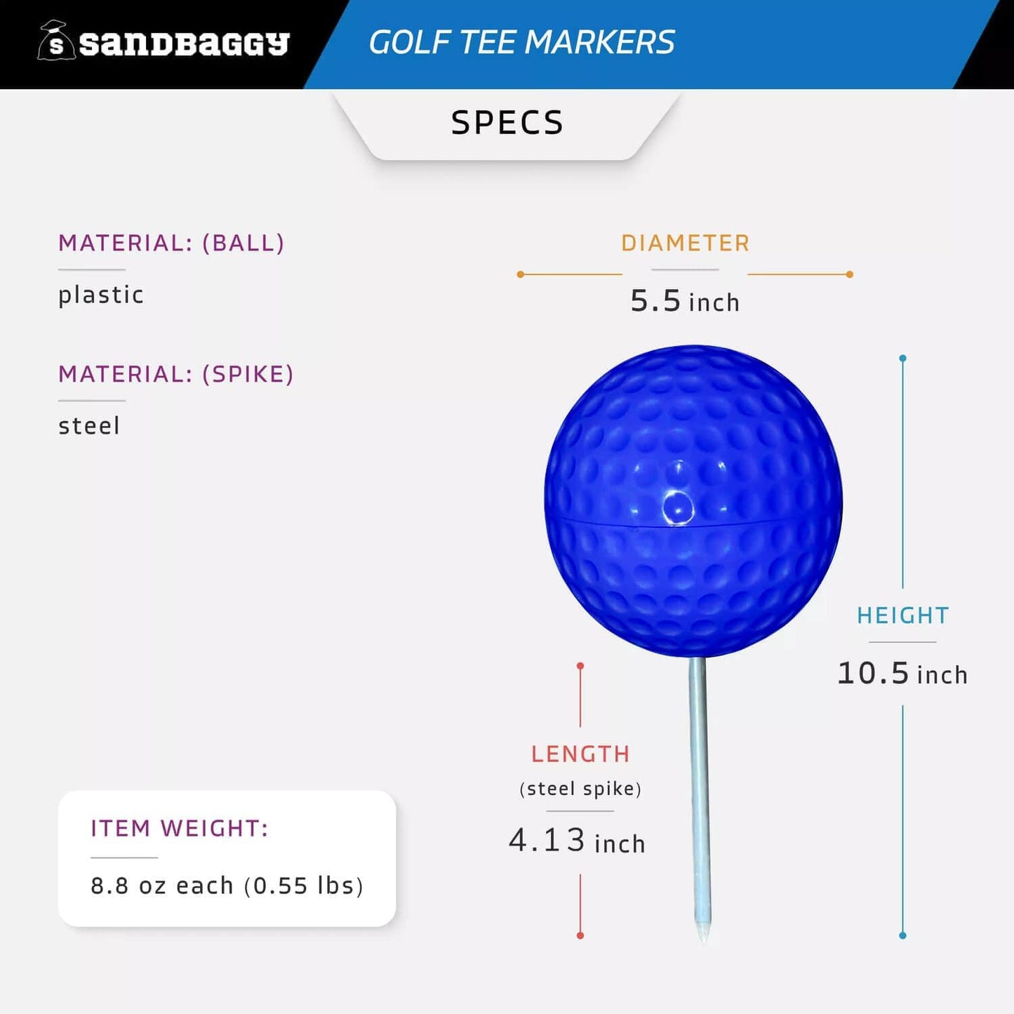 Sandbaggy Plastic Tee Markers for Golf Course (UV Resistant) - Steel Spike - Safety Caps Included