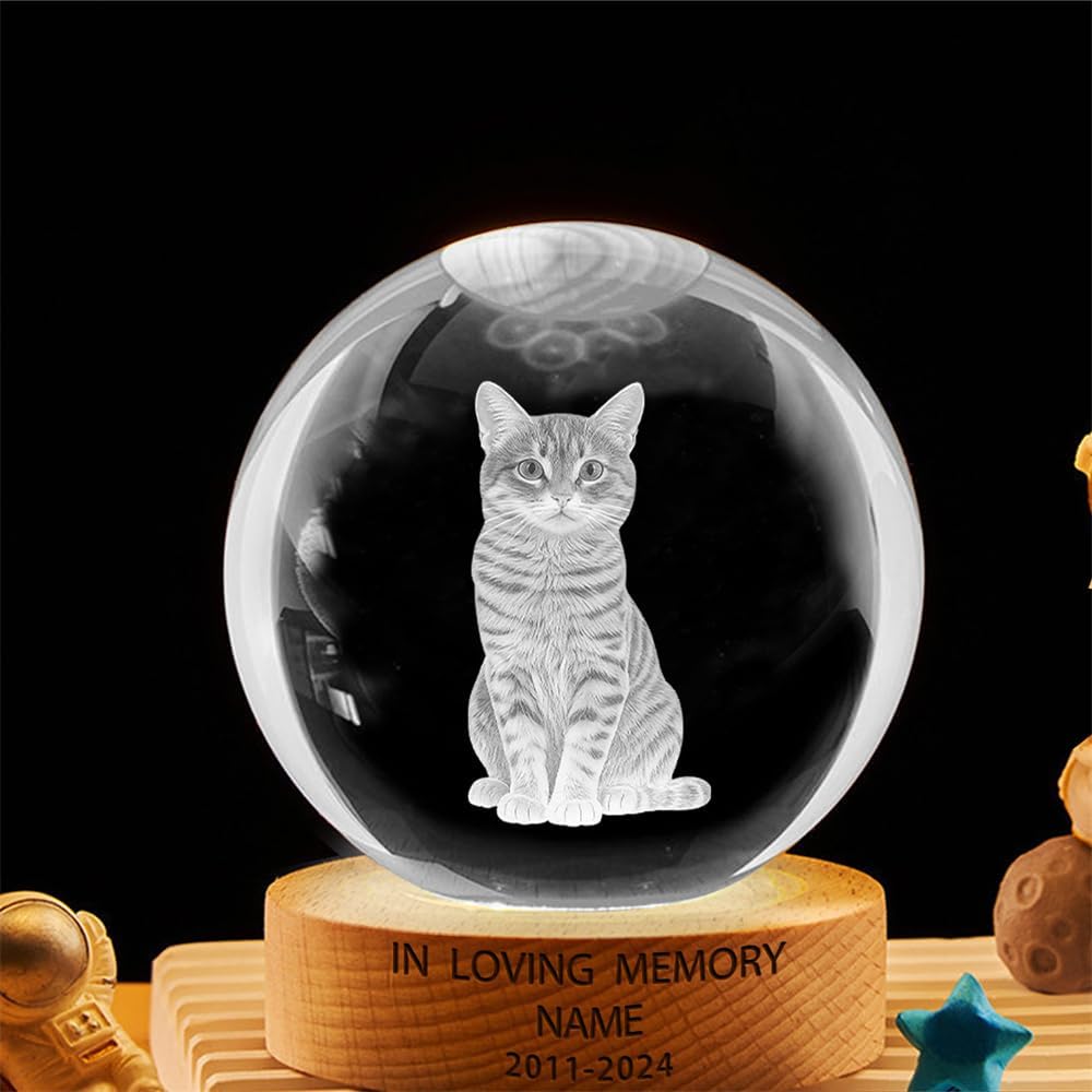 Personalized Cat Pet Photo Memorial Crystal Night Light Gift for Women, Custom Photo Picture Cat Pet 3D Memorial Crystal Ball Night Light Lamp for Bedroom Room Decor Party Bar Pet