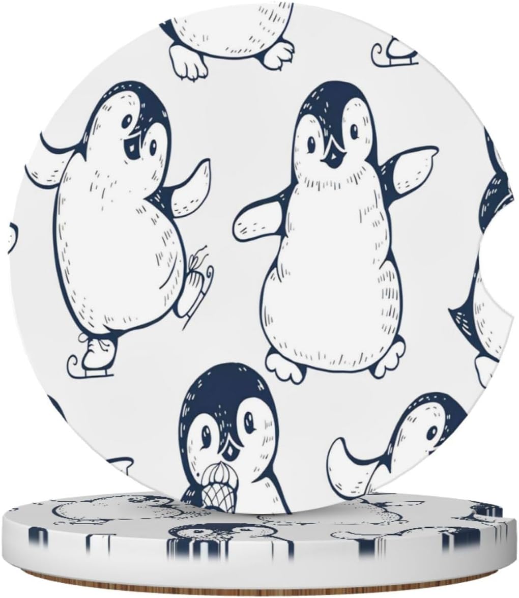 Car Cup Holder Coasters, Cute Penguins Car Coasters for Cup Holder Drinks, 2 Pack Ceramic Auto Interior Accessories for Women Men