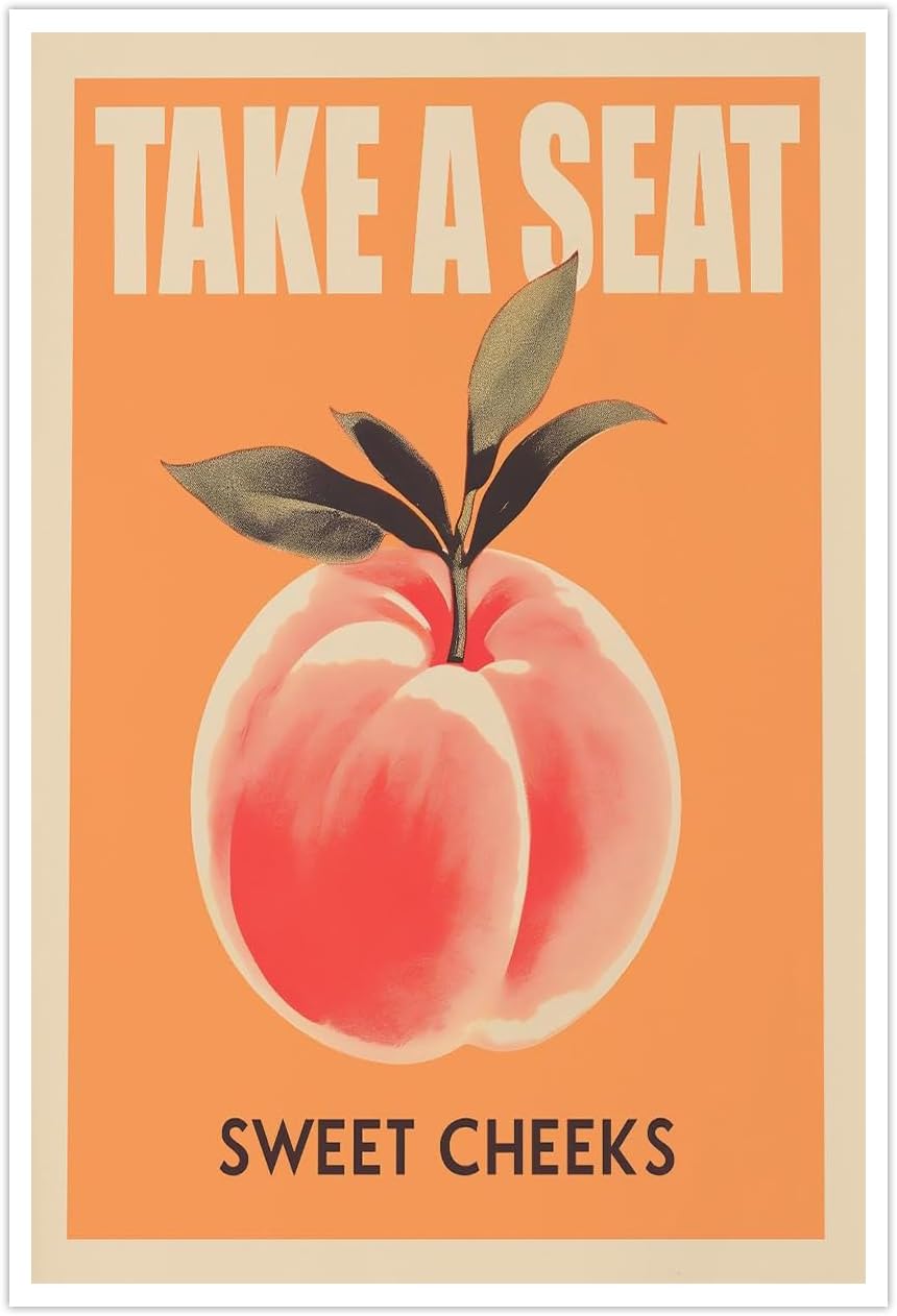 Take a Seat Sweet Cheeks Poster, Funny Bathroom Wall Art Peach Bum Art Canvas Print, Minimalist Preppy Orange Pink Wall Decor for Dorm Toilet 20x30in Unframed