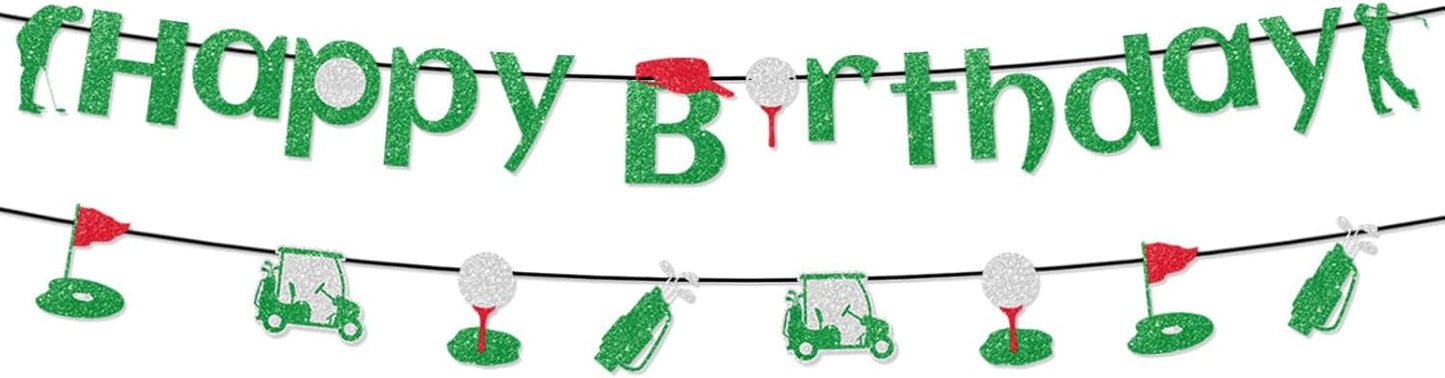 Golf Happy Birthday Banner, Pre-Strung Glitter Sports Theme Golf Party Decorations for Children Adults Birthday Retirement Party Celebration Supplies