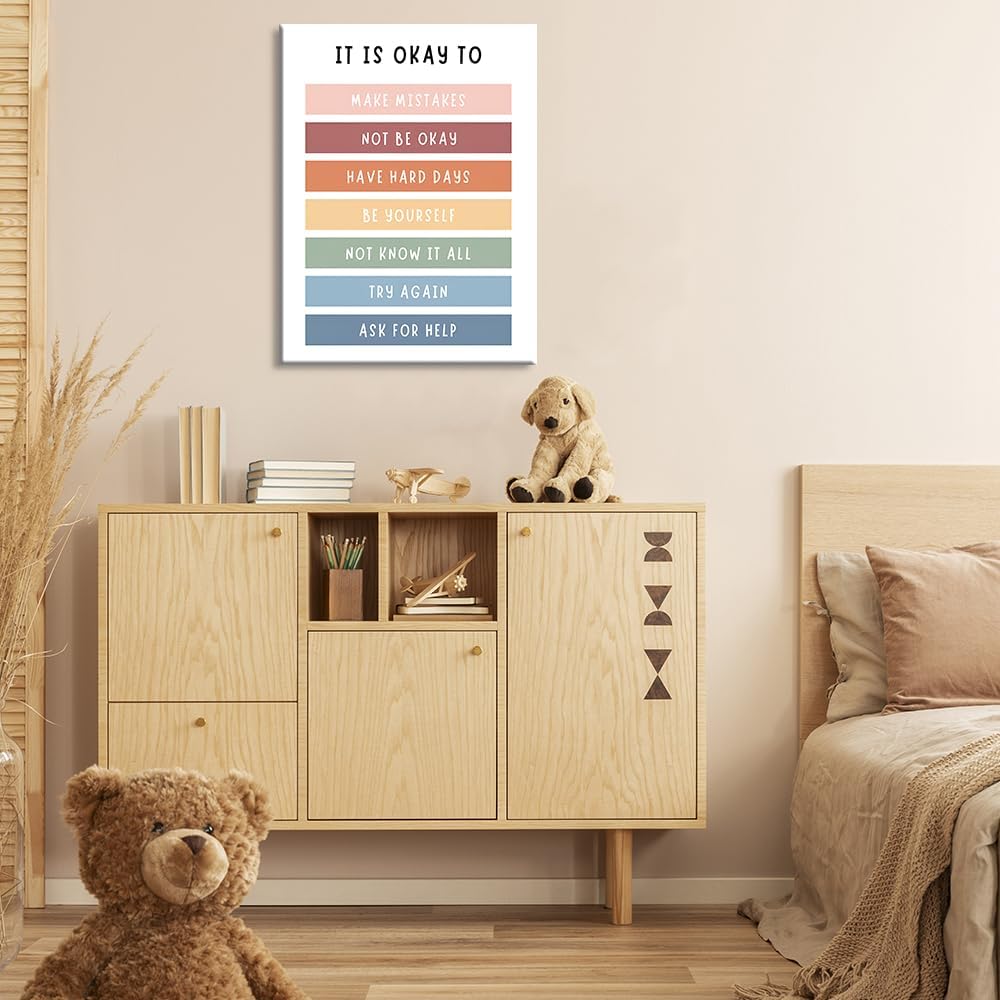 uoyien Growth Mindset Mental Health Posters Boho Classroom Playroom Therapy Wall Decor Affirmations Quotes Canvas Wall Art Kids Educational Prints For Calming Corner Decoration 16x24in Wood Framed