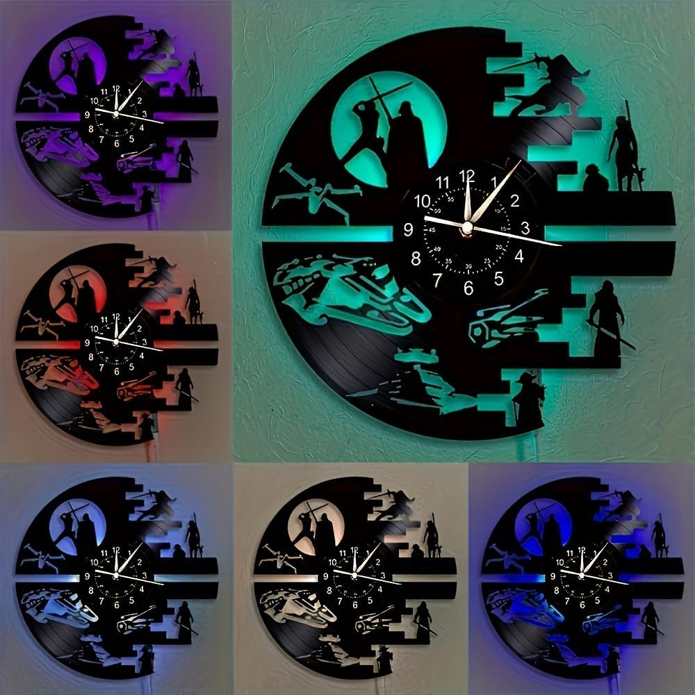 Decorative Vinyl Wall Clock with 12 Inches，Star Science Fiction Film Themed Clocks, Vinyl Records Wall Clock, LED Light Wall Decor, Unique Birthday Gifts for Men,Kids