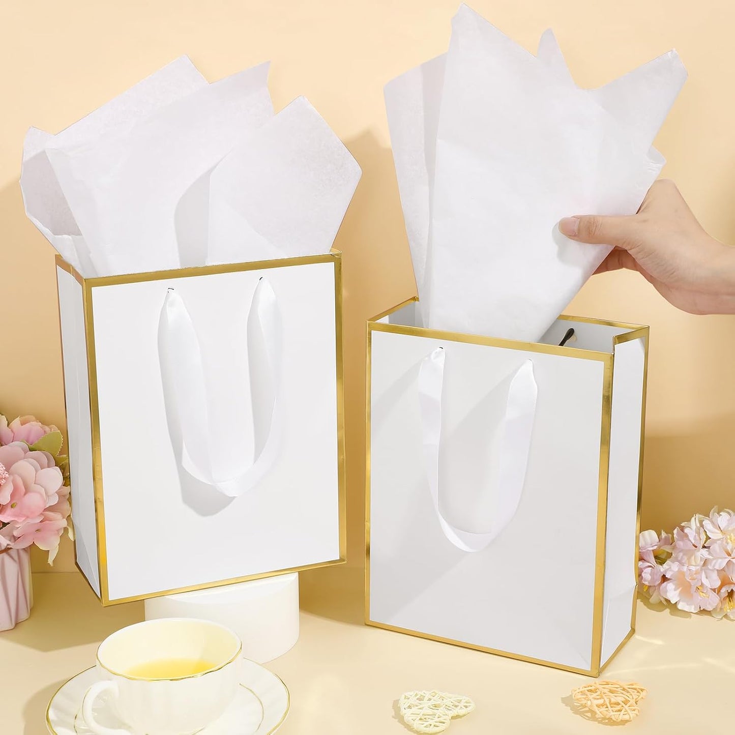 Yeaqee 24 Pack Metallic Paper Gift Bags with Handle and Tissue 9x7x3.1 Gold Foil Welcome Favor Bags Return Gifts for Wedding Fall 5 Senses Christmas Bridesmaid Birthday(White Gold)