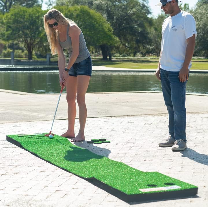 PutterBall Original Golf Putting Game Set – Backyard 12 ft Putting Green Pong Style Golf Mat with 2 Putters, 2 Balls & Hole Covers (PutterBall Original)