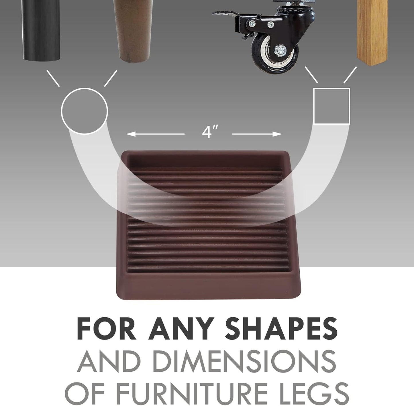 4X4 Rubber Caster Cups, Non Slip Furniture Pads, Anti-Slip Gripper, Anti Skid Furniture Feet, Anti Slide Floor Protector for Bed Couch Stoppers - 8 Pack, Brown