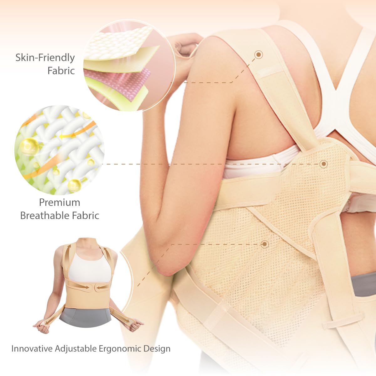 Posture Corrector for Women & Men – Adjustable Back Brace with Full Back Support, Shoulder Straightener for Spine Alignment, Scoliosis, Hunchback & Back Pain Relief (Beige,Medium)