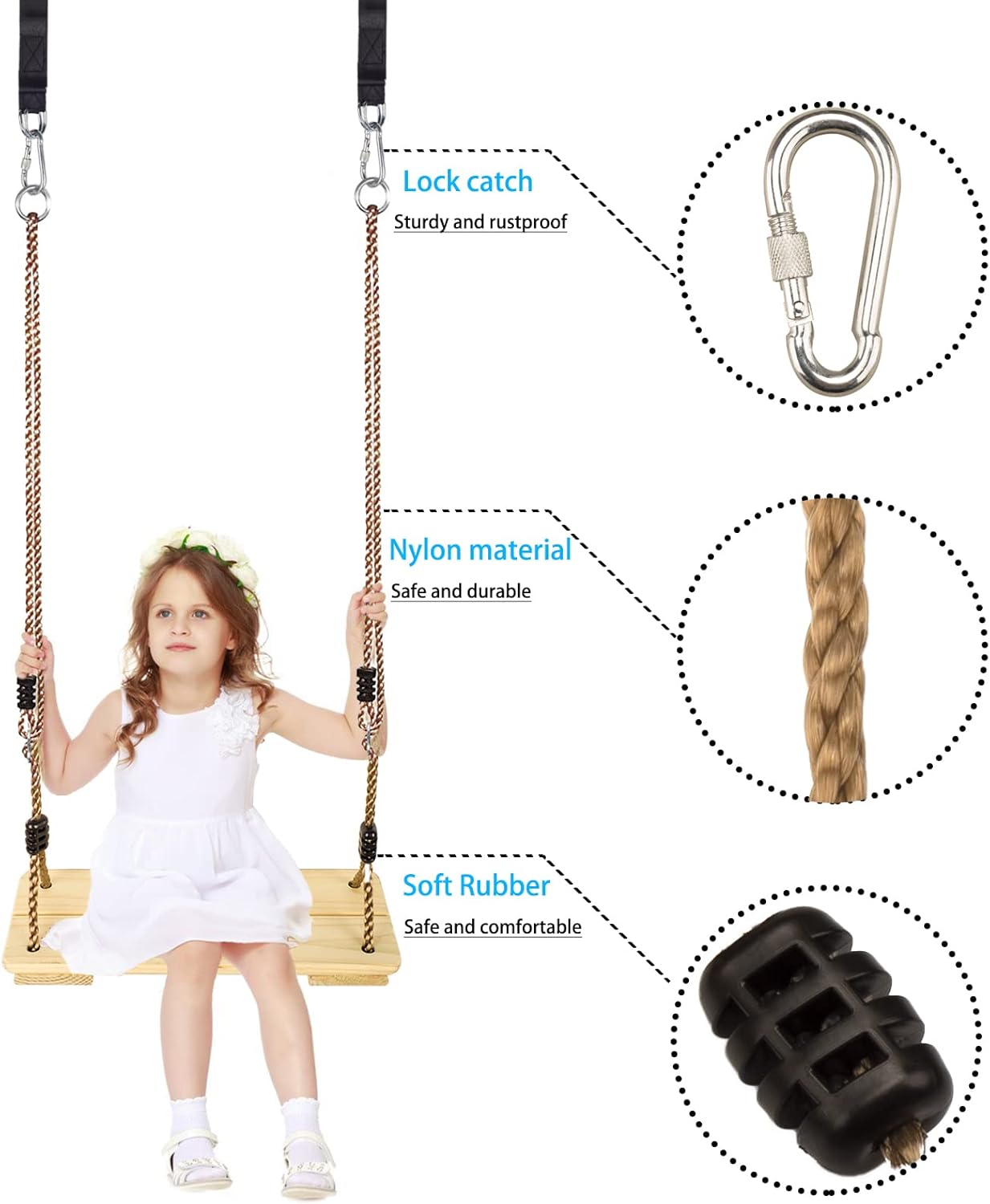KINSPORY Wooden Swing Seat, Outdoor Swing Set Accessories for Backyard, Height Adjustable Rope with Hanging Tree Straps Kit for Porch Patio Garden Playgroud (Light Yellow)