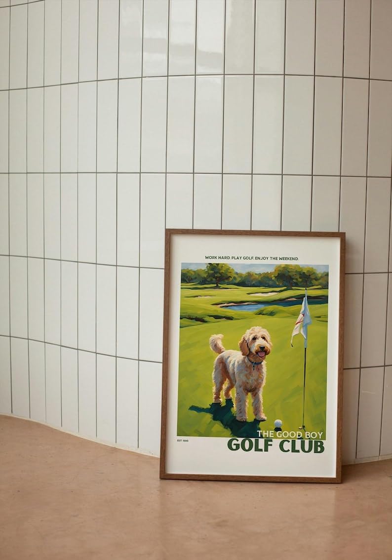 Nationcog Golf Wall Art Print, Good Boy Golf Club Poster with Golden Doodle, Colorful Impasto Artwork, Trendy Sports Decor, Great Golf Gift for Dog Lovers and Enthusiasts (Unframed) (12x18)