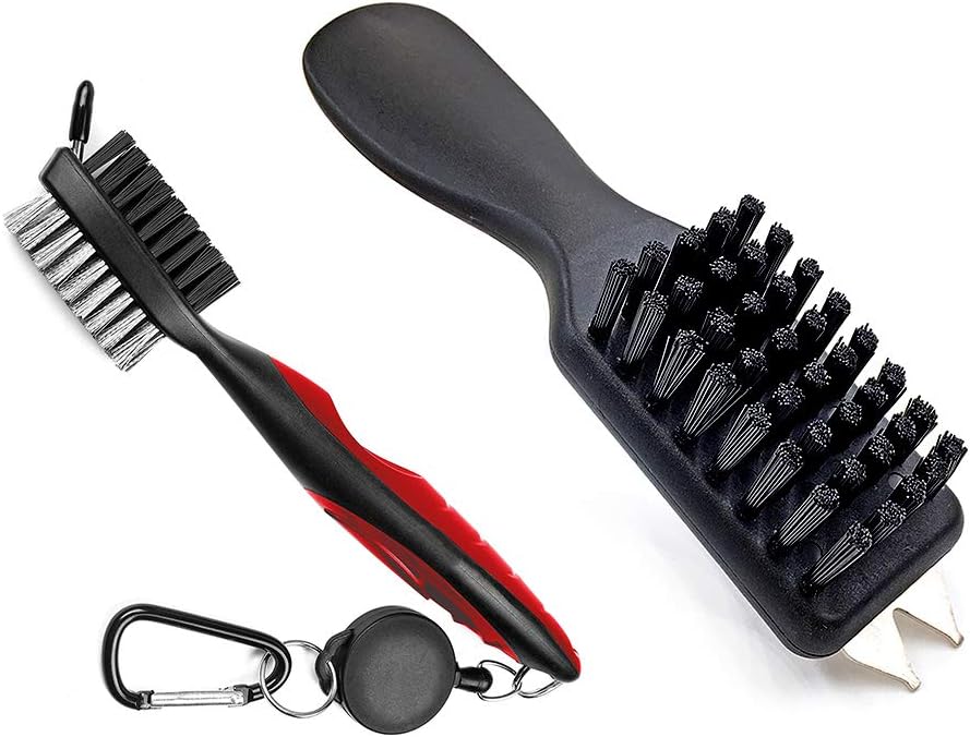 Durable Golf Club Groove Cleaner Brush and Shoes Brush With Handle - Dirt Mud Remover Tool for Golf Clubs and Shoes - Retractable Zip-line Aluminum Carabiner