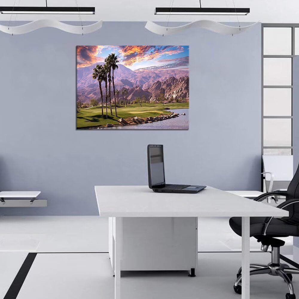 HJY Art USA California Golf Course Wall Art Golf Course Canvas Wall Decor Sunset Landscape Painting Poster for Home Decor Living Room Bedroom Office Club Gym Framed Artwork (28 x 44 inch)