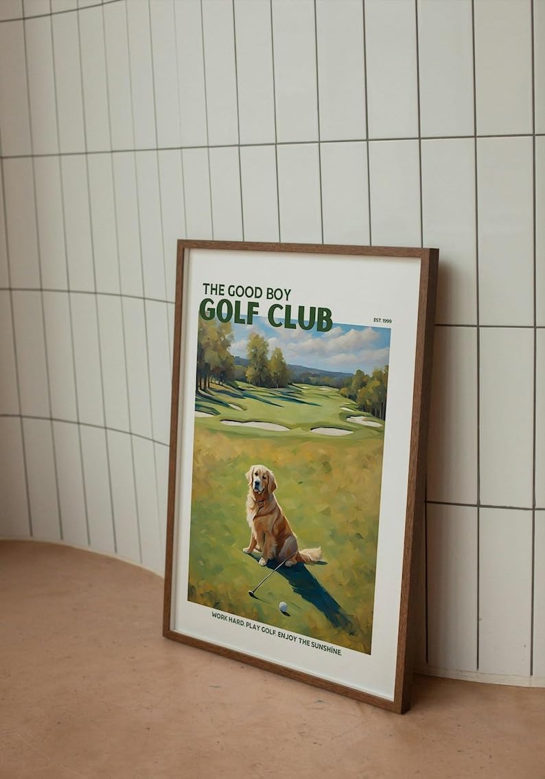 Nationcog Good Boy Golf Club Poster, Golden Retriever Dog on Golf Course Wall Art, Funny Retro Golf Print, Retro Golf Artwork for Dog Lovers, Husband, or Golf Friends (Unframed) (27x40)