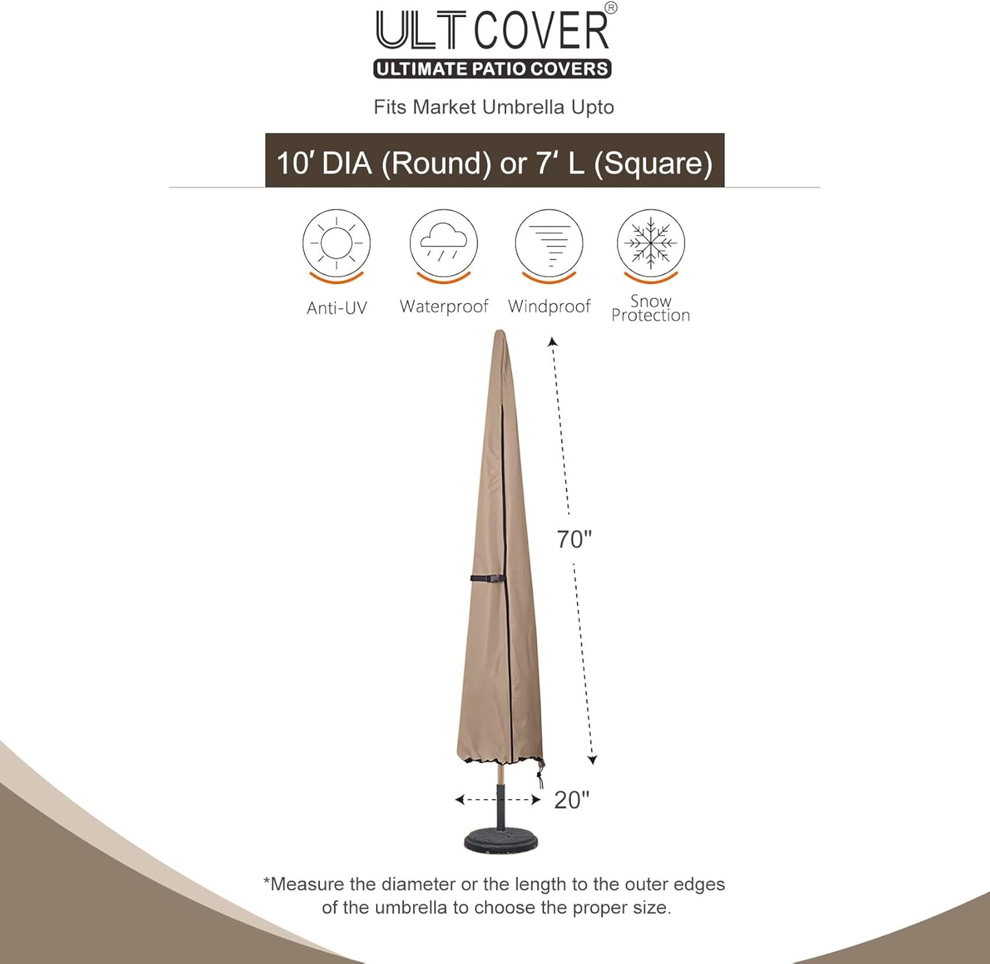ULTCOVER Patio Parasol 600D Waterproof Outdoor Market Umbrella Cover - Fits Market Umbrella 7-10 Feet