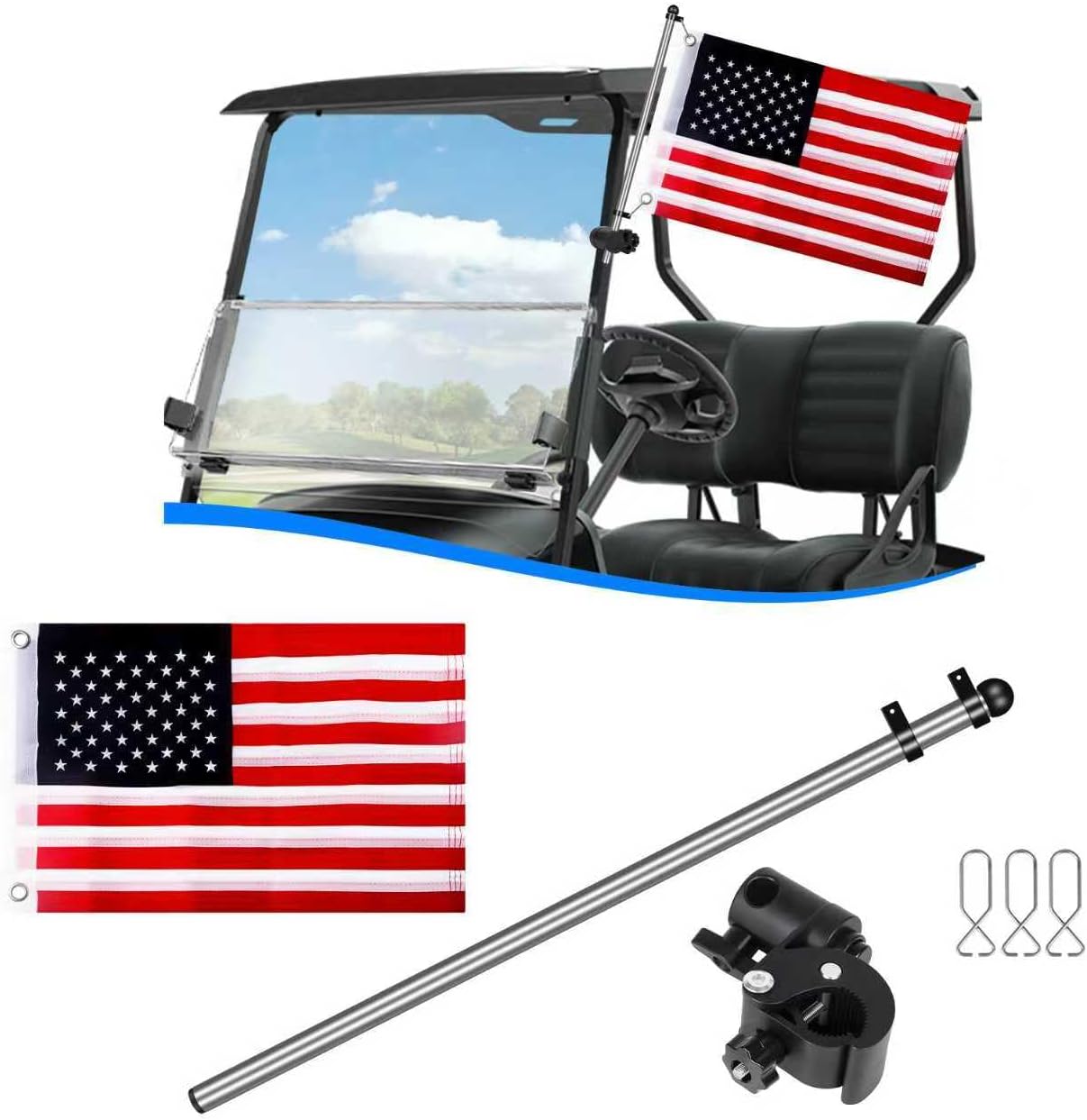 Golf Cart Flag Holder and Flag Pole Kit for Yamaha, EZGO, Club Car, Upgraded Flag Bracket for 0.59-1.18" Round/Oval/Square Rails Golf Carts, Boat, Golf Push Carts, Included USA Flag (22.8×11.4inch)