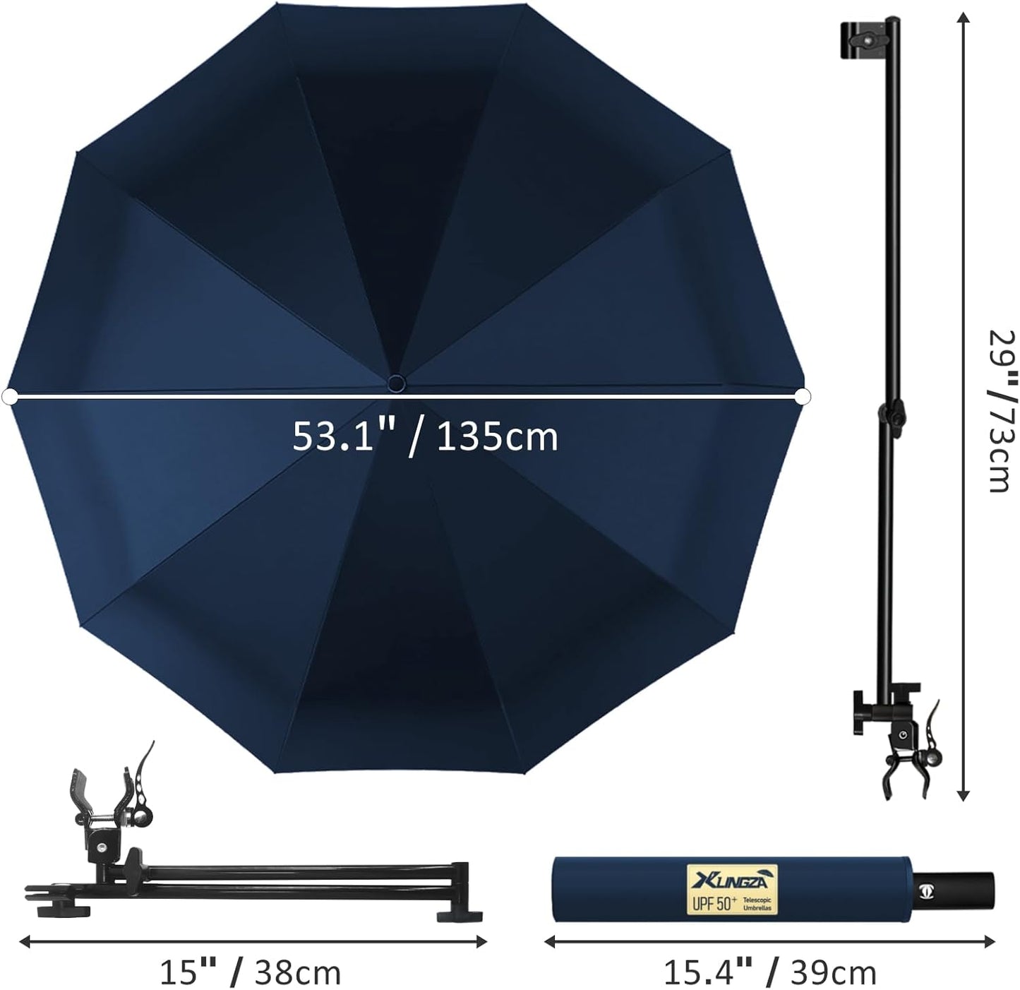 UPF 50+ Beach Umbrella with Adjustable Universal Clamp