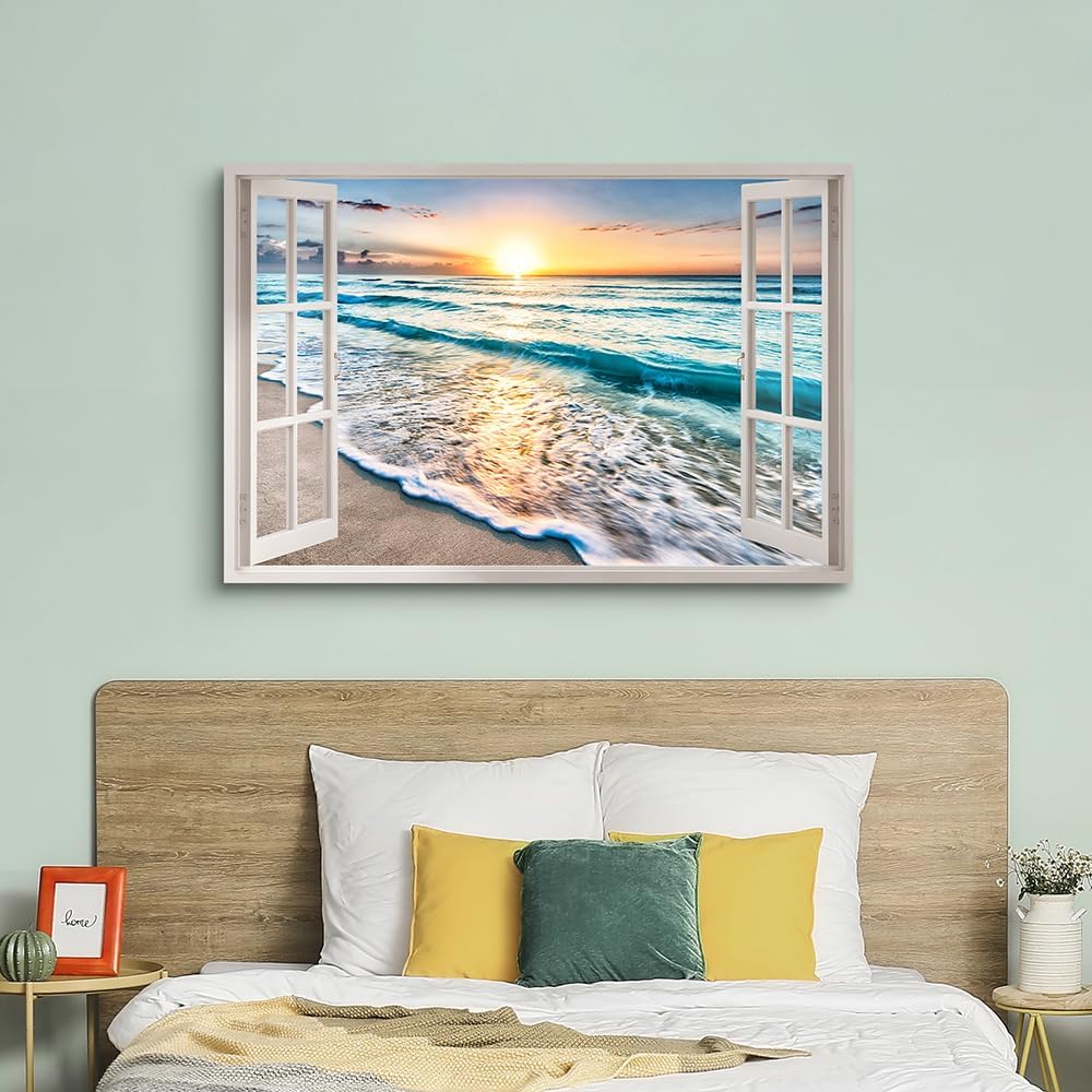 beach canvas window wall art: beach picture coastal artwork seascape ocean scene prints - looking out fake window wall decor for bedroom 45"x30"
