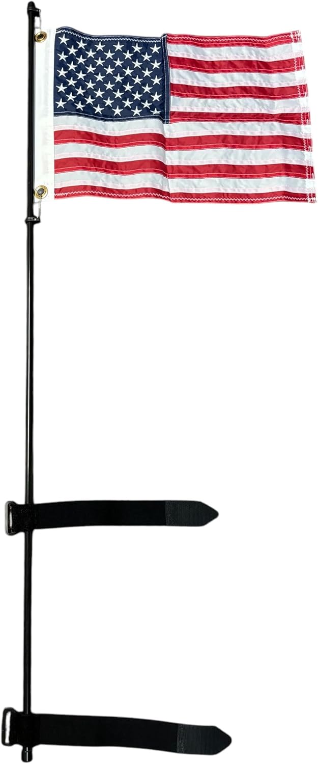 Flagpole for golf carts, For use on rear passenger safety bar or arm rests, No tools required for quick and easy installation on your golf cart. (Golf Cart Flagpole with 12x18" USA Flag)
