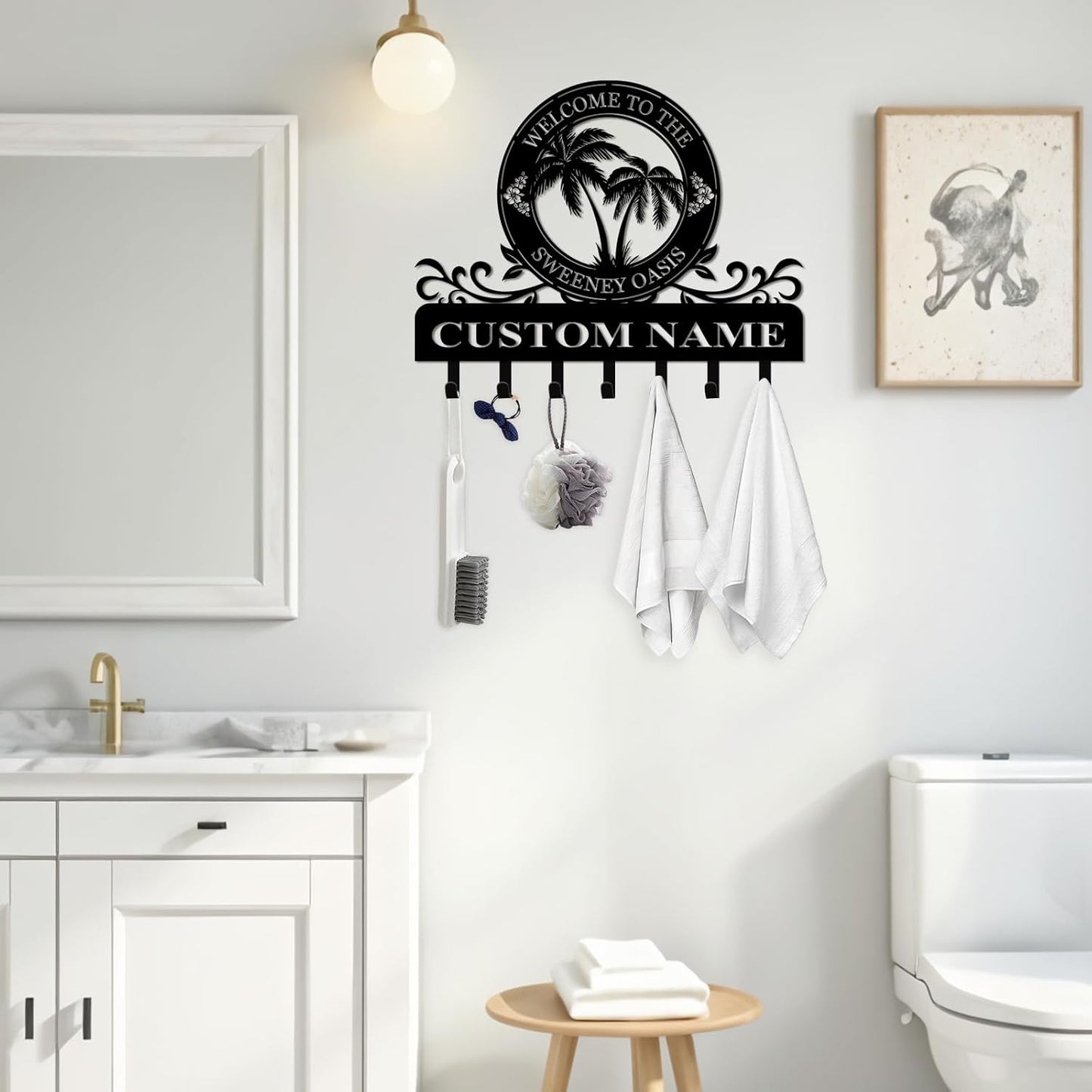 Personalized Key Holder for Wall - Beach Theme Coat Rack Wall Mount with Palm Tree Design, Metal Key Organizer with Hooks, Key Hanger Wall Decor for Front Door Kitchen Bathroom, Housewarming Gifts
