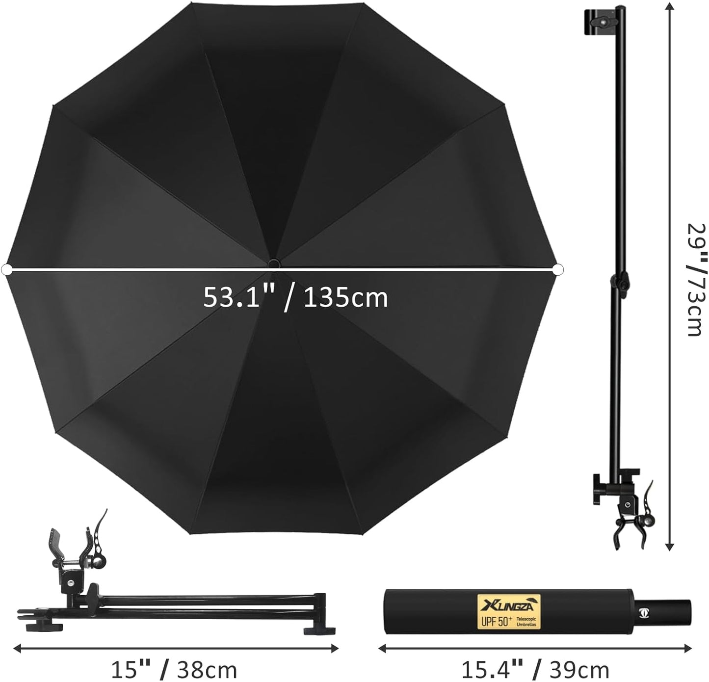 UPF 50+ Beach Umbrella with Adjustable Universal Clamp