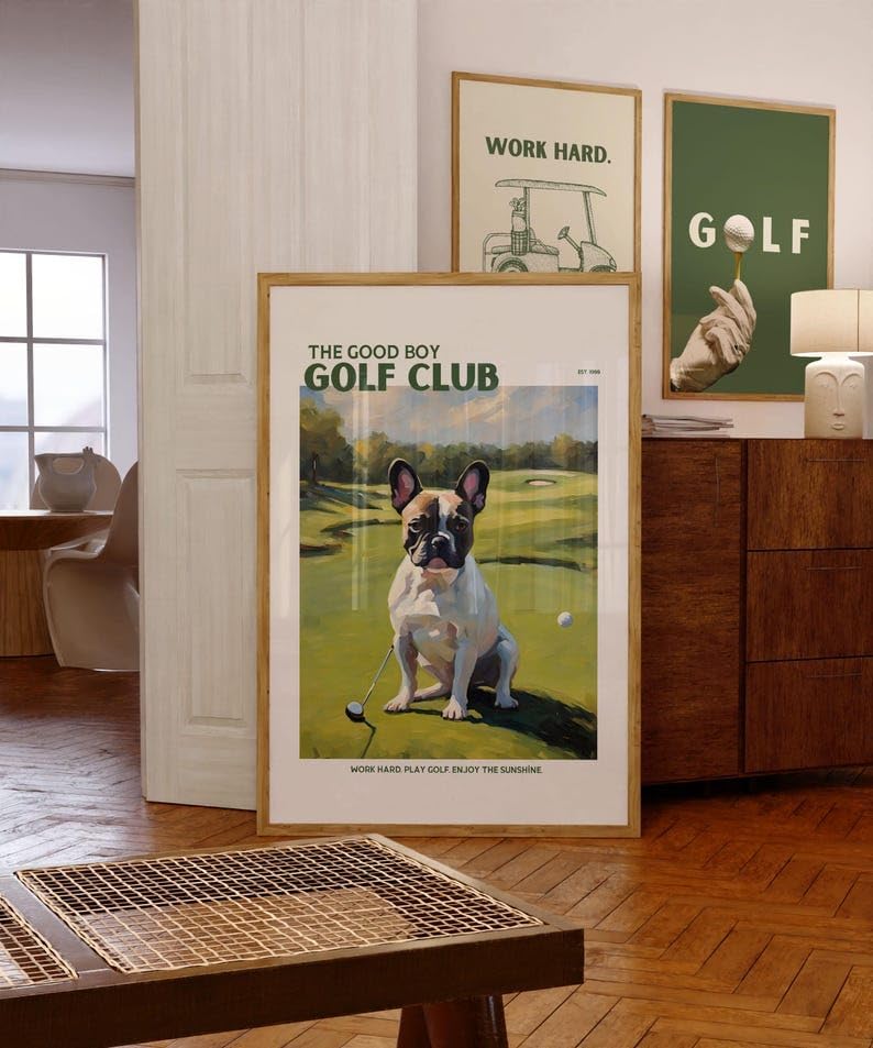 Nationcog Good Boy Golf Club Poster, French Bulldog Dog on Golf Course Wall Art, Funny Retro Golf Print, Unique Gift for Golf Lovers, Frenchie Owners, Husband or Dad (Unframed) (24x36)