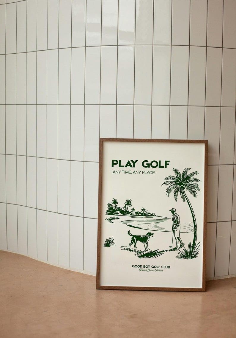 Nationcog Play Golf Poster, Golden Retriever Dog on Golf Course Wall Art, Retro Beach Scene Sketch Print, Vintage Golf Print, Great Gift Idea for Players and Coaches (Unframed) (11x14)