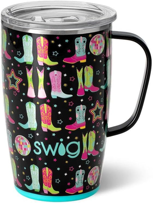 Swig Life 18oz Travel Mug, Insulated Tumbler with Handle and Lid, Cup Holder Friendly, Dishwasher Safe, Stainless Steel, Travel Coffee Cup (Disco Cowgirl)