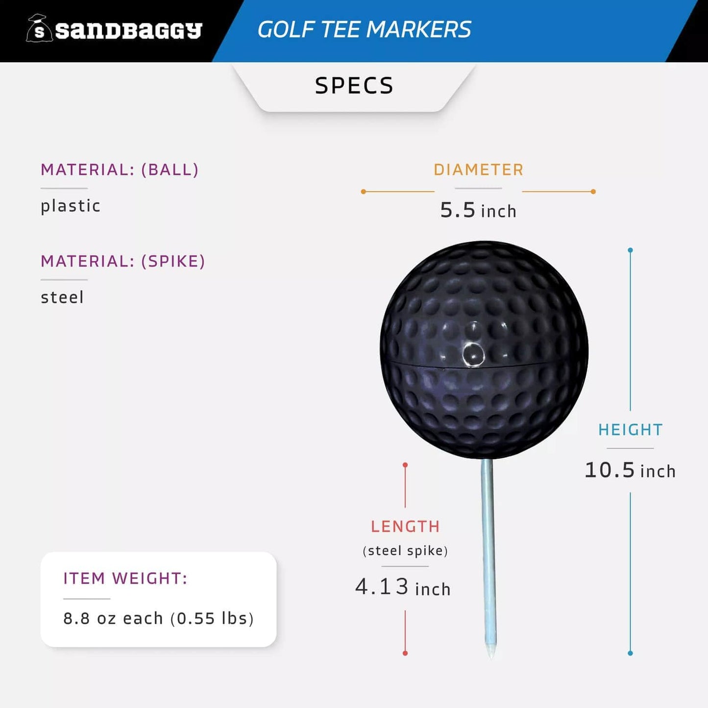 Sandbaggy Plastic Tee Markers for Golf Course (UV Resistant) - Steel Spike - Safety Caps Included