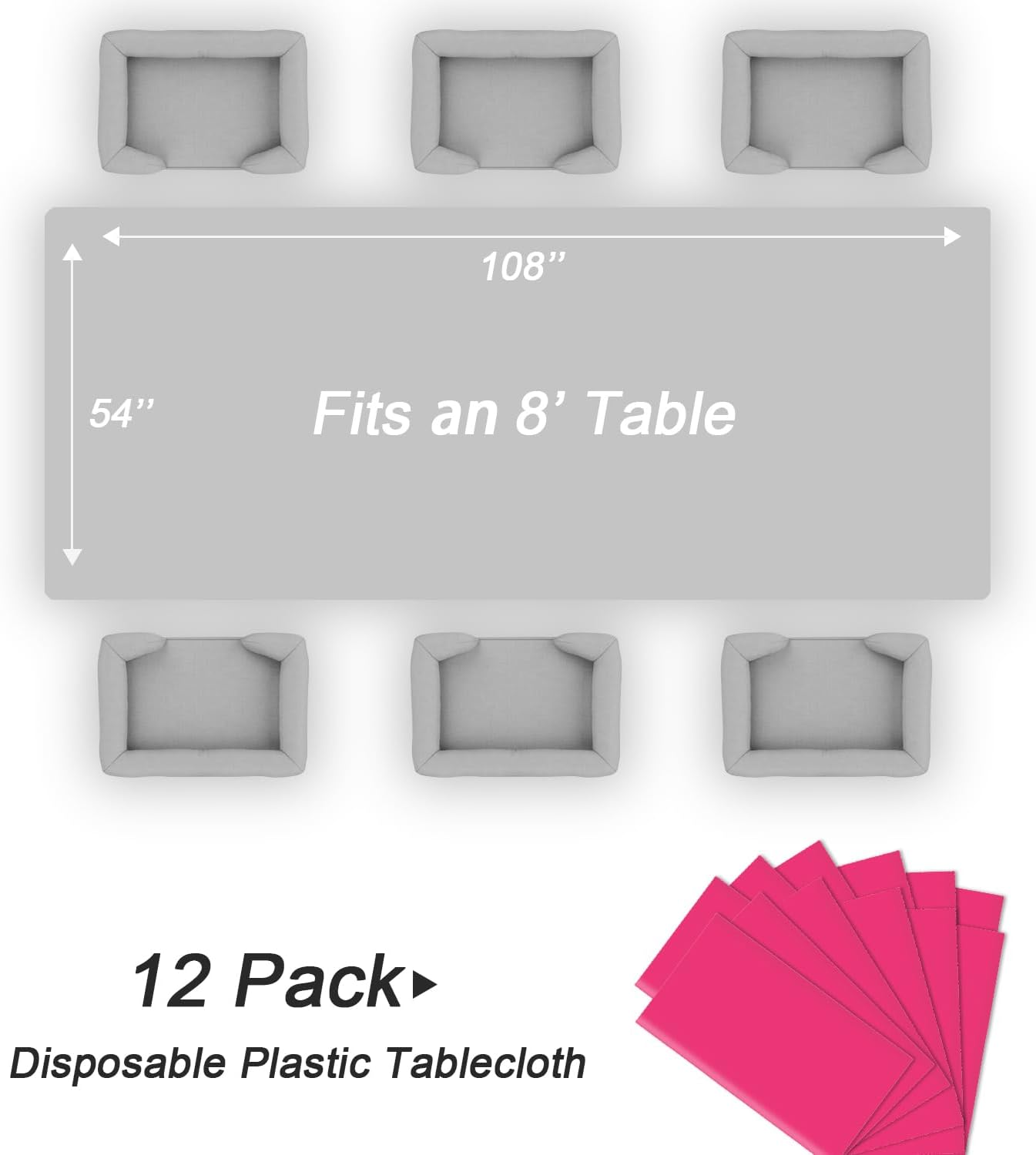 QIKSION Plastic Table Cloth Disposable 12 Pack, 54 x 108 Inch Tablecloths for Rectangle Tables, Hot Pink Plastic Table Cover