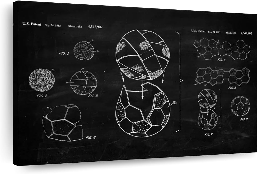 ElephantStock Soccer Ball BW Patent Canvas - 1 Panel Sports Patent Wall Art Decor - Sports Decorations for Boys Room - Wall Art and Office Decor - 48" X 32"
