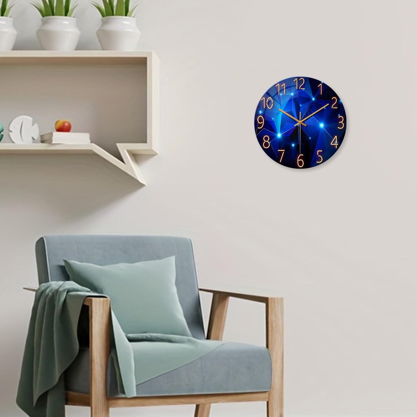 Blue Wall Clock for Living Room Decor Kitchen Wall Clocks Battery Operated 12 Inch Round Glass Decorative Wall Clock Non Ticking