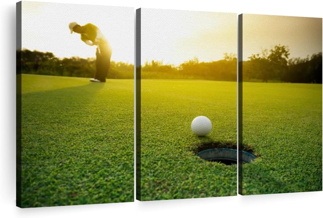 ElephantStock Golf Ball Strike Wall Art - Horizontal Canvas - 3-Piece Living Room Wall Decor - Photography Sports Canvas Print - Green and White Decor for Wall - 23" X 14"