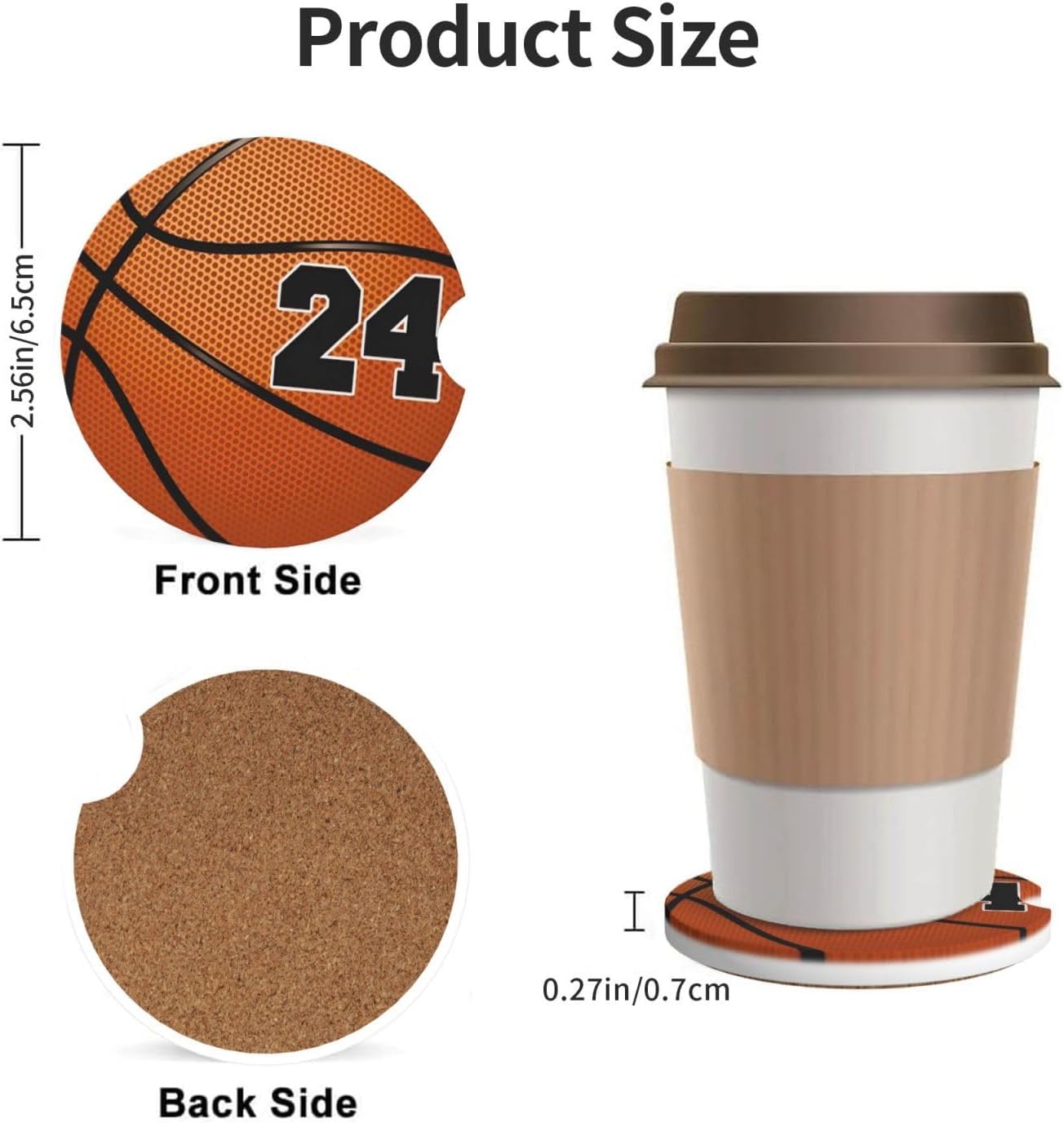 Car Cup Holder Coasters, Basketball No 24 Car Coasters for Cup Holder Drinks, 2 Pack Ceramic Cute Auto Interior Accessories for Women Men