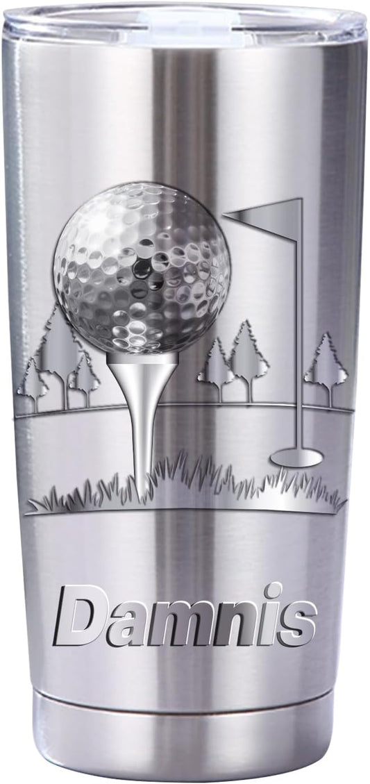 Personalized Golf Ball With 3D Cracked Wall Stainless Steel Silver Tumbler Mug, Custom Name Sport Golf Lovers Player Tumbler Mug,Customized Father's Day Birthday Sport Gift For Dad Men Women