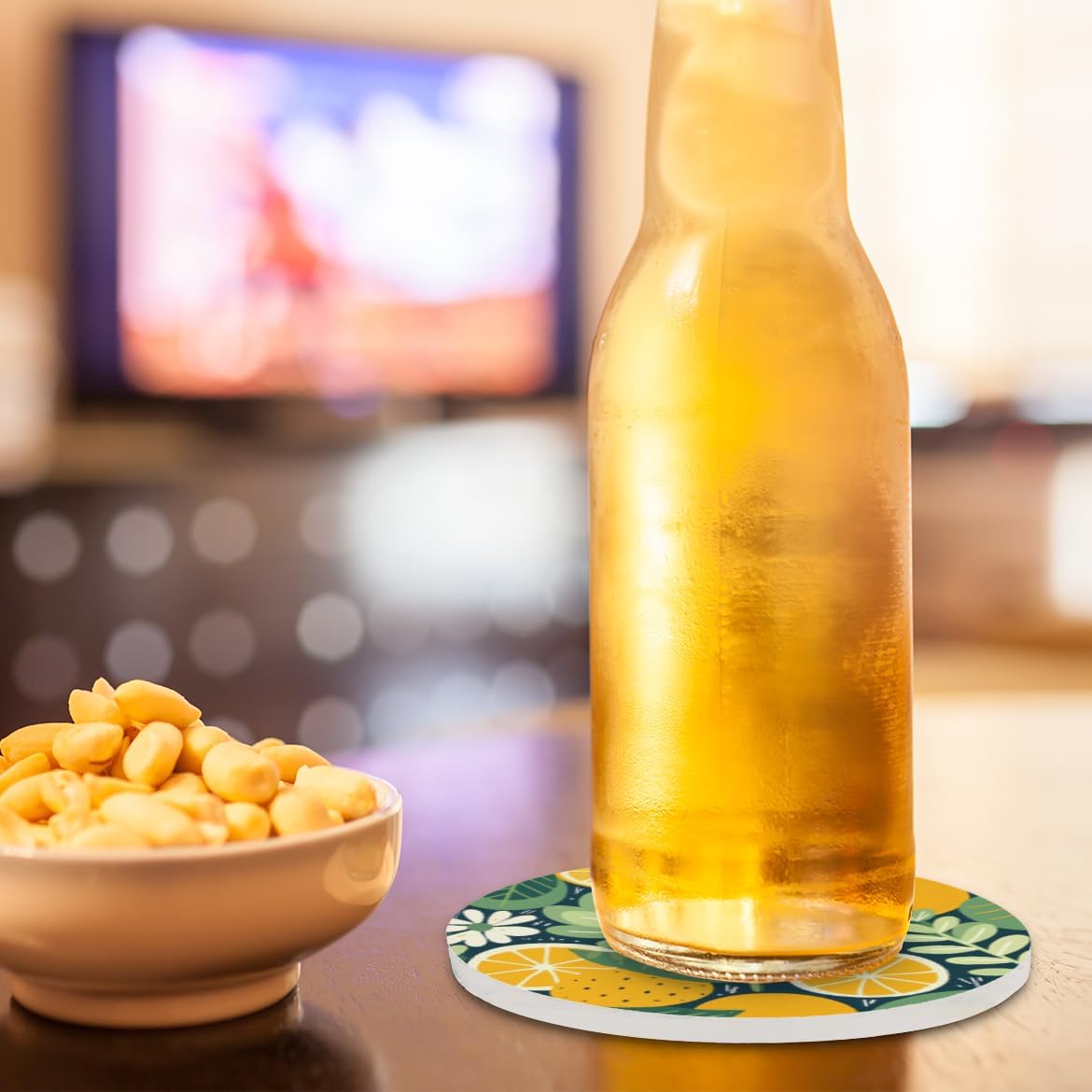 Ceramic Coasters for Drinks with Cork Back, Citrus Greenery 4 Inch Absorbent Coaster Set 2 Pack, Quick Dry Non-Slip Coaster Mats for Home, Office, Bar