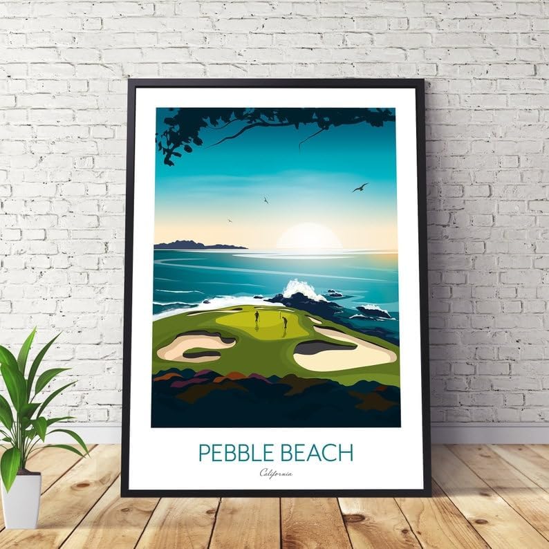Golf Print - Pebble Beach California - US Open Golf Gift, Pebble Beach Golf Course Poster, California Golf Print, Coastal Golf Art, Golf Landscape Illustration, Sports Wall Decor. (Unframed) (20x30)