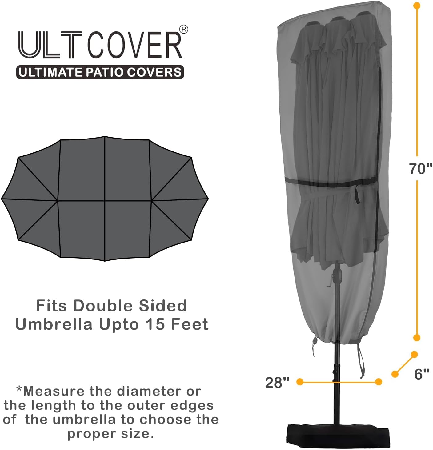 ULTCOVER Patio Parasol 600D Waterproof Outdoor Market Extra Large Umbrella Cover - Fits Double-Sided Umbrella 13-15 Feet, Black
